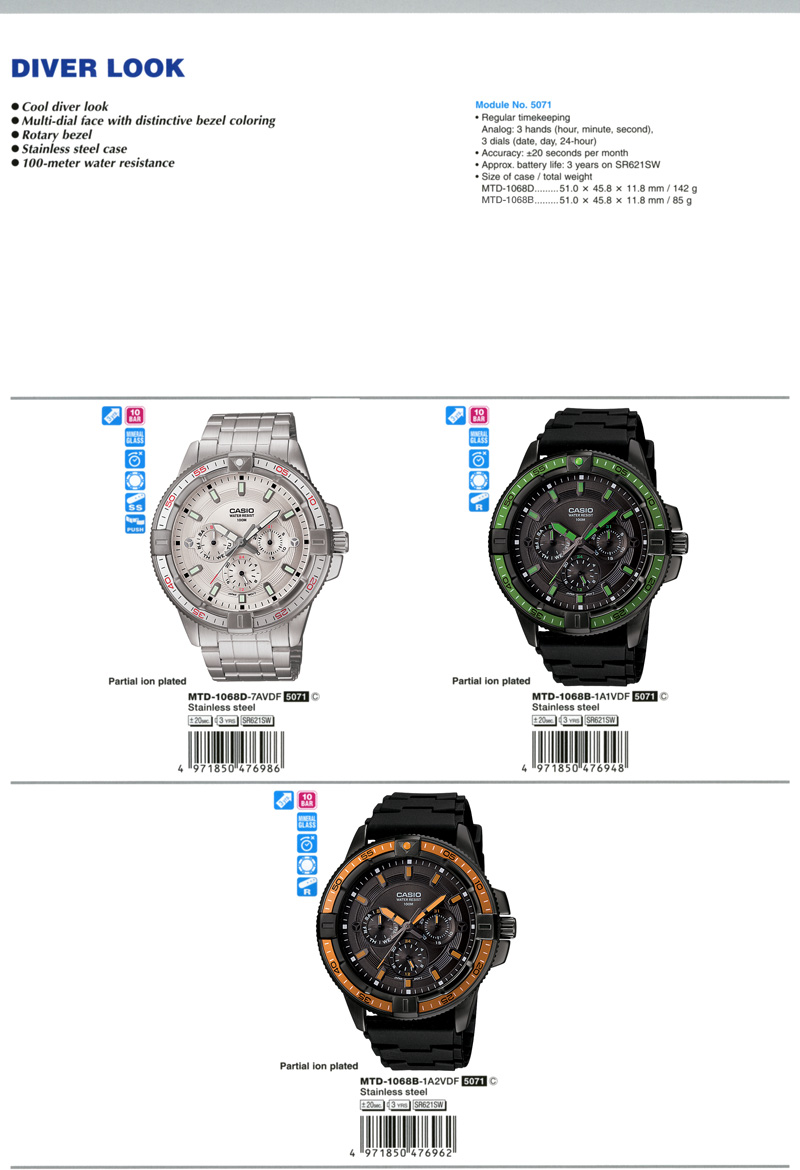 Standard Analog, Cool Diver Look, Multi-dial face, bezel coloring, Rotary bezel, Stainless steel case, 100-meter water resistance, Partial ion plated, MTD-1068D-7AV, MTD-1068B-1A1V, MTD-1068B-1A2V