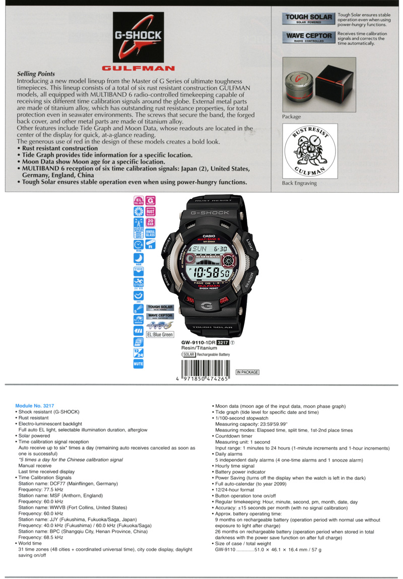 G-Shock, Gulfman, Rust resistant, Tide graph, Moond Data, Multiband6, Tough Solar, GW-9110-1