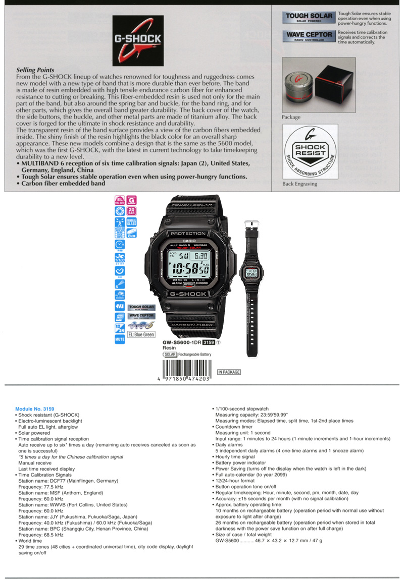 G-Shock, Carbon fiber embedded band, Toughness, ruggedness, Multiband6, Tough Solar, GW-S5600-1
