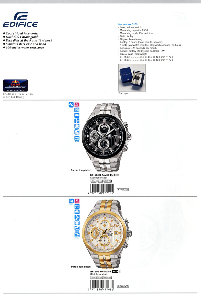 red bull racing, Cool striped face, Dual-disck Chronograph, stainless steel, 100-meter water resistance, EF-556D-1AV, EF-556SG-7AV