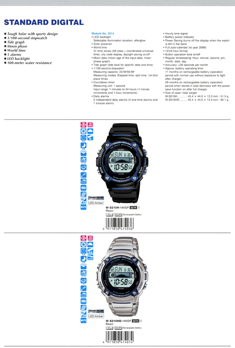 Standard Digital, tough solar, stopwatch, Tide graph, Moon phase, world time, 5 alarms, LED backlight, 100-metrer water resistance, W-S210H-1AV, W-S210HD-1AV