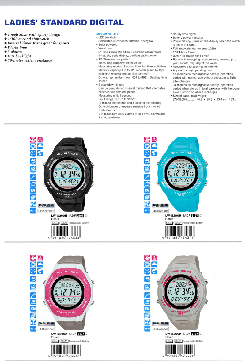 Standard Digital, tough solar, stopwatch, Tide graph, Moon phase, world time, 5 alarms, LED backlight, 100-metrer water resistance, W-S210H-1AV, W-S210HD-1AV