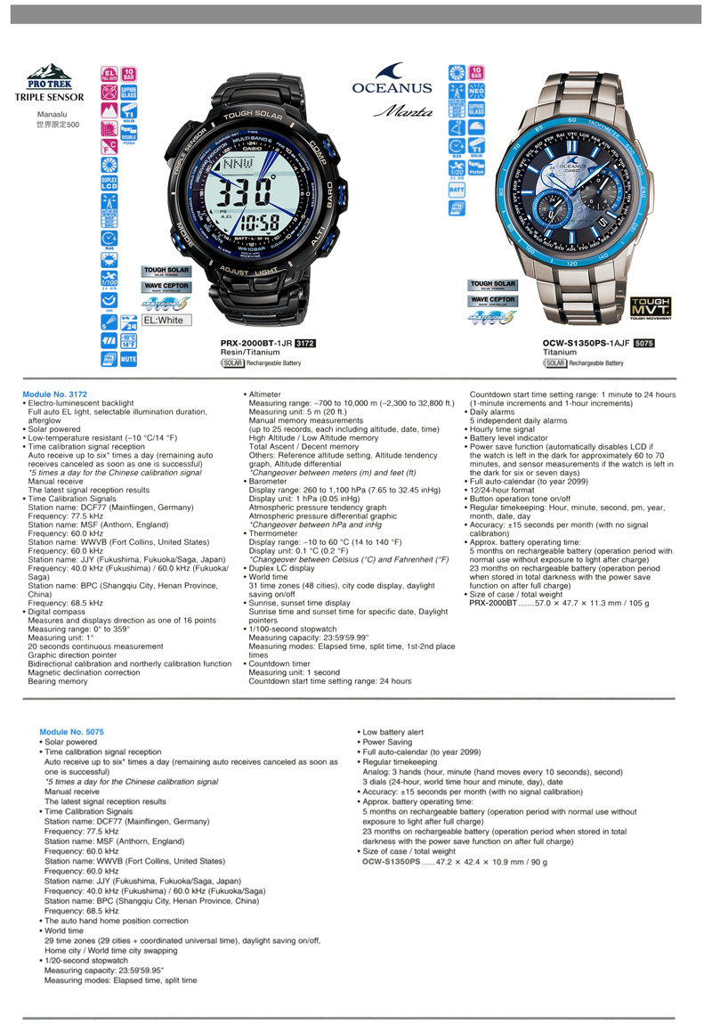 Watch, PROTREK, OCEANUS, Manta, Manaslu, Triple sensor, tough Solar, Wave Ceptor, Tough Movement, multiband6, PRX-2000BT-1, OCW-S1350PS-1A