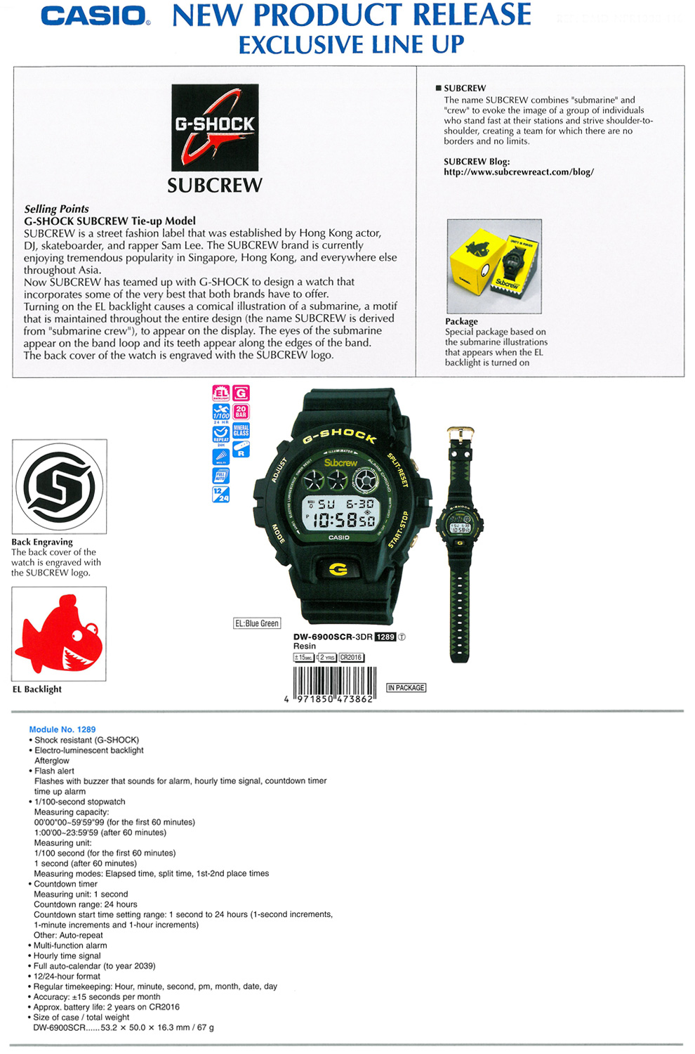 Watch, G-SHOCK, SUBCREW, Tie-up Model, Sam Lee, Hong Kong actor, DJ, skateboarder, rapper, Asia, Sharkmarine, DW-6900SCR-3