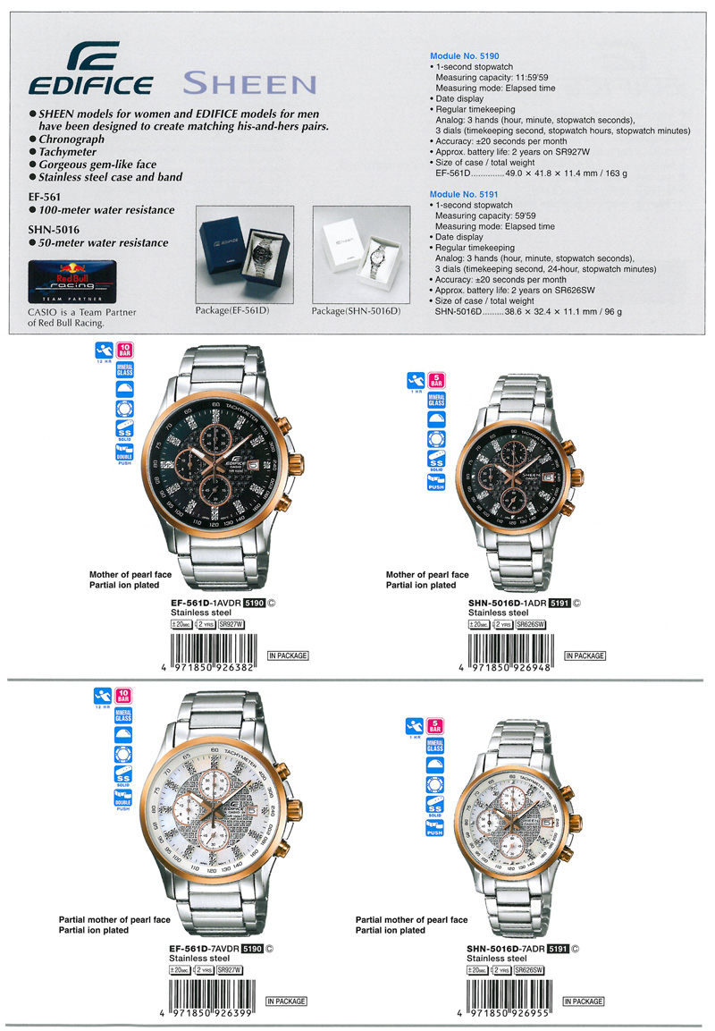Edifice, Sheen, Chronograph, Tachymeter, Gorgeous gem-like face, EF-561D-1AV, SHN-5016D-1A, EF-561D-7AV, SHN-5016D-7A
