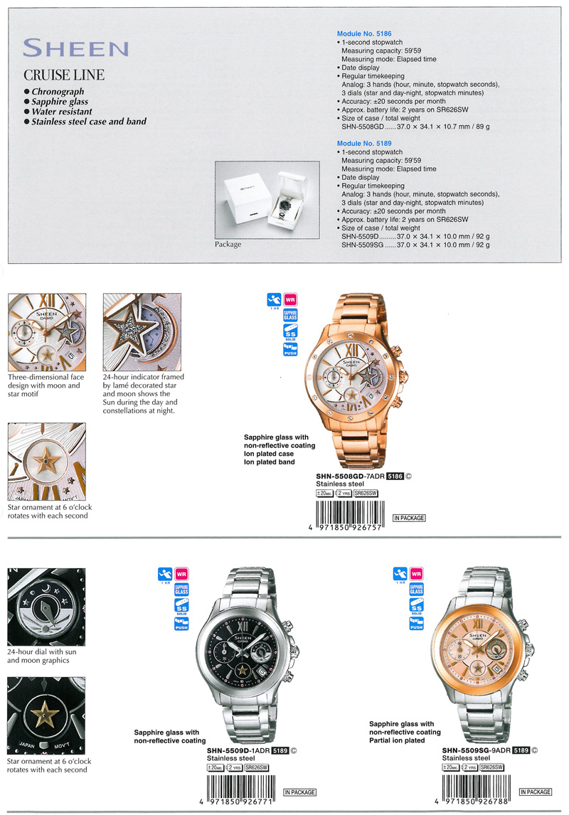 Sheen, Cruise Line, Chronograph, Sapphire glass, water resistant, non-reflective coating, SHN5508GD-7A, SHN-5509D-1A, SHN-5509SG-9A
