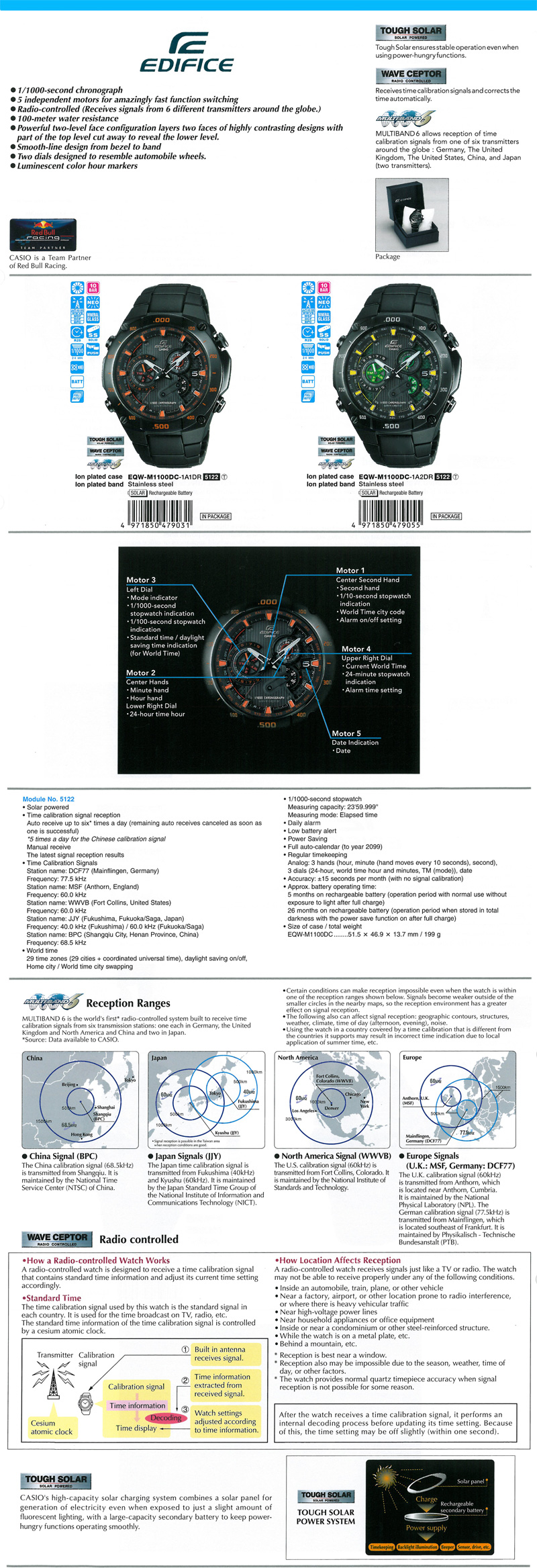 EDIFICE, chronograph, 5 independent motos, luminescent colofr, wave ceptor, MULTIBAND6, ion plated, EQW-M1100DC-1A1, EQW-M110C-1A