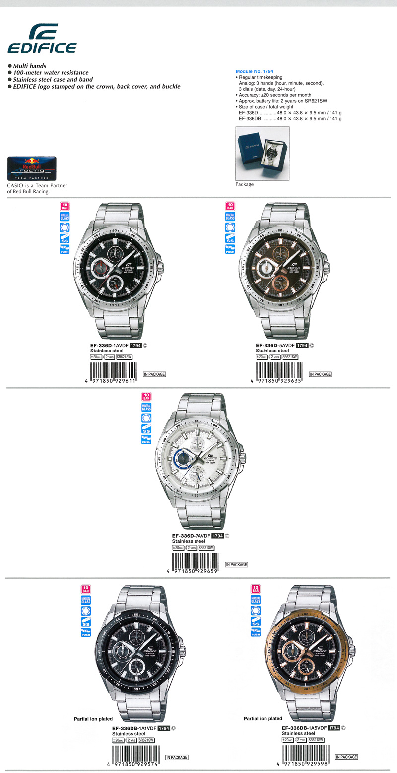 Edifice, multi hands, 100-meter, stainless steel case and band, Red Bull Racing, EF-336D-1AV, EF-336D-5AV, EF-336D-7AV, EF-336DB-1A1V, EF-336DB-1A5V