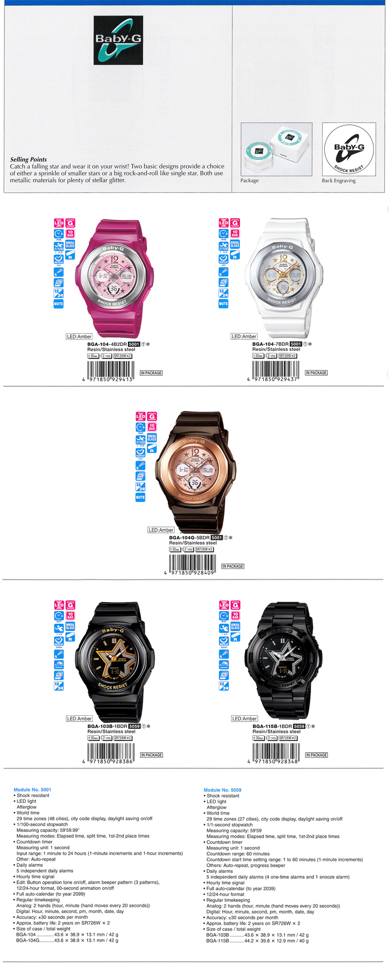 Baby-G, Star Index Series, sprinkle, rock-and-roll, metallic, stellar glitter, BGA-104-4B2, BGA-104-7B, BGA-104G-5B, BGA-103B-1B, BGA-115B-1B