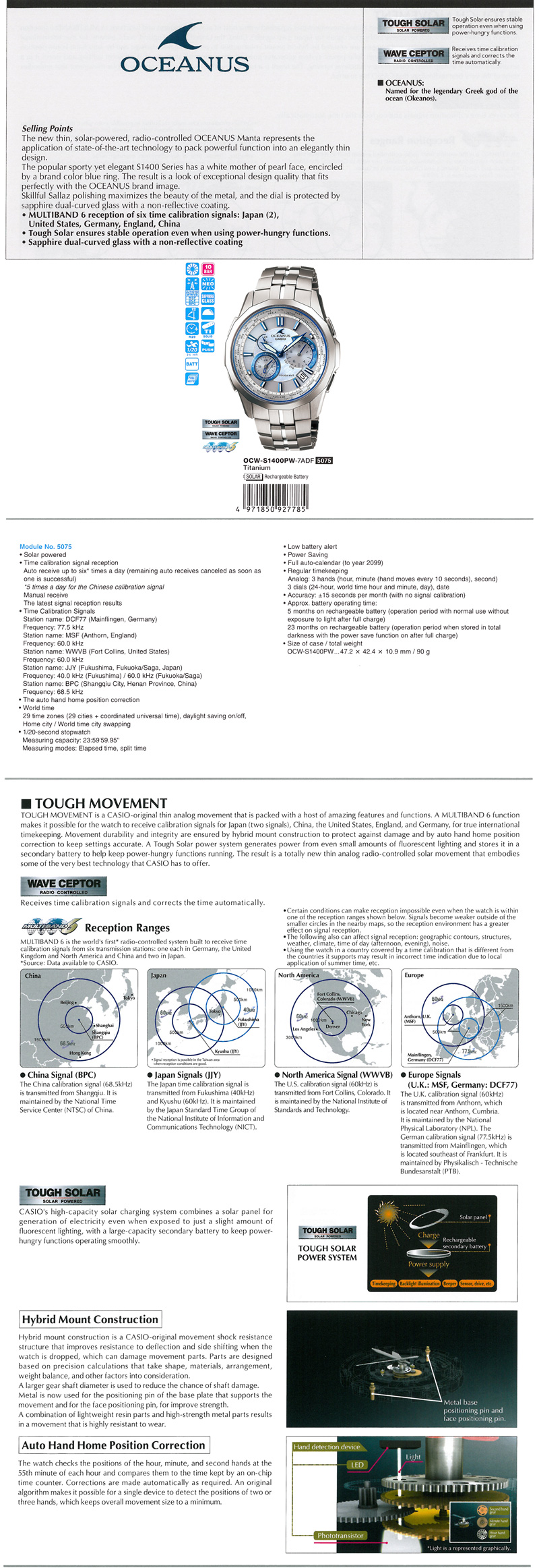 Oceanus, Manta, elegant, Skillful Sallaz, sapphire dual-curved glass, Multiband6, Tough Solar, OCW-S1400PW-7A