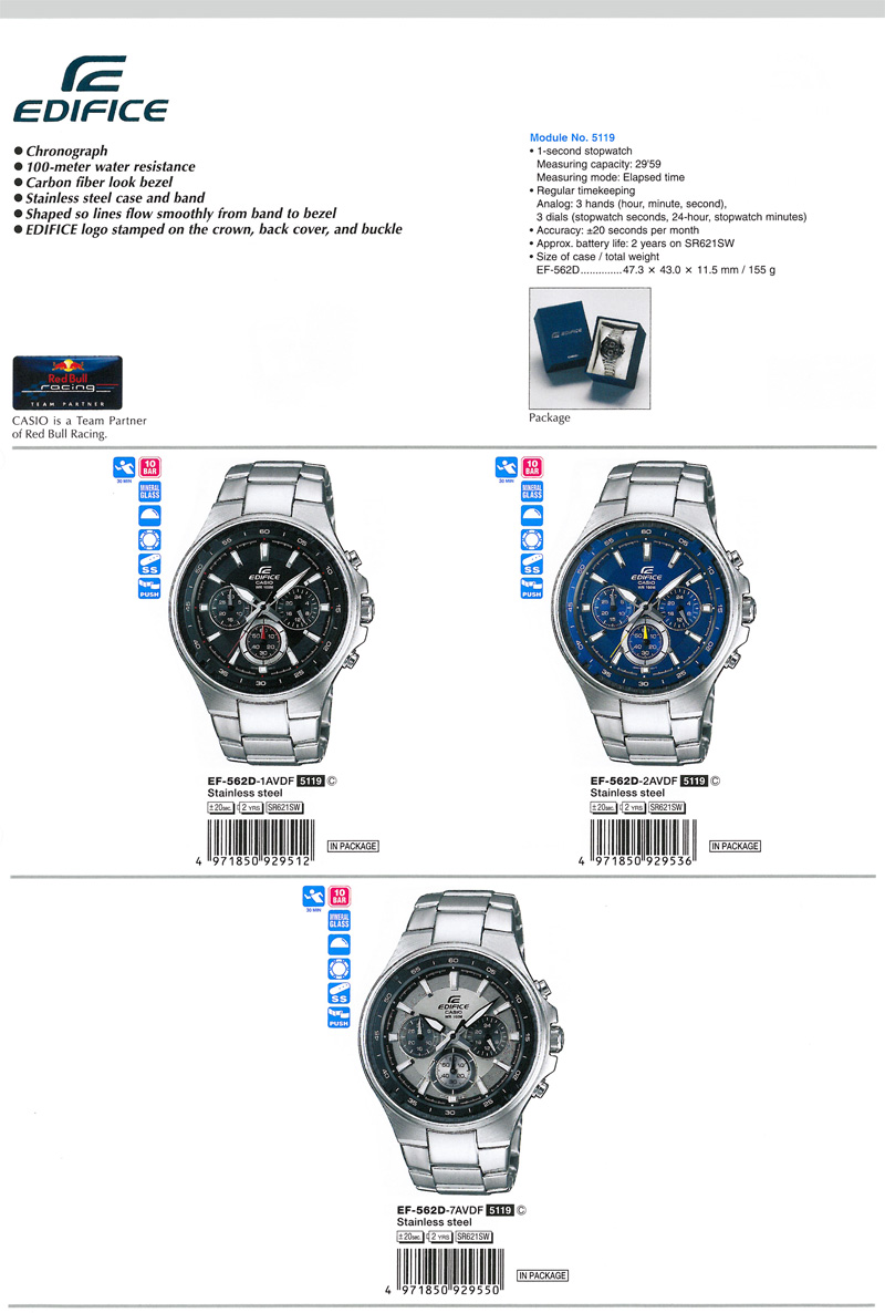 Edifice, Chronograph, 100-meter, Carbon fiber, stainless steel case and band, Red Bull Racing, EF-562D-1AV, EF-562D-2AV, EF-562D-7AV