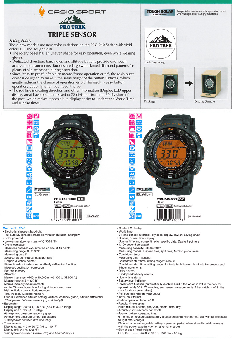 Watch, Protrek Triple Sensor, Tough Solar, color variations, Duplex LCD, Dedicatecd direction, barometer, and altitude, slanted diamond punter, PRG-240-1B, PRG-240-8