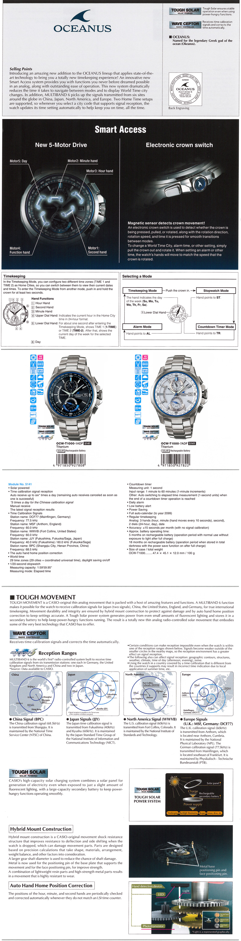 Oceanus, Tough Solar, Wave Ceptor, Multiband 6, Tough Movement, Smart Acess, New 5-motor Drive, electronic crown switch, Magnetic sensor detects crown movement, OCW-T1000-1A, OCW-T1000-7A