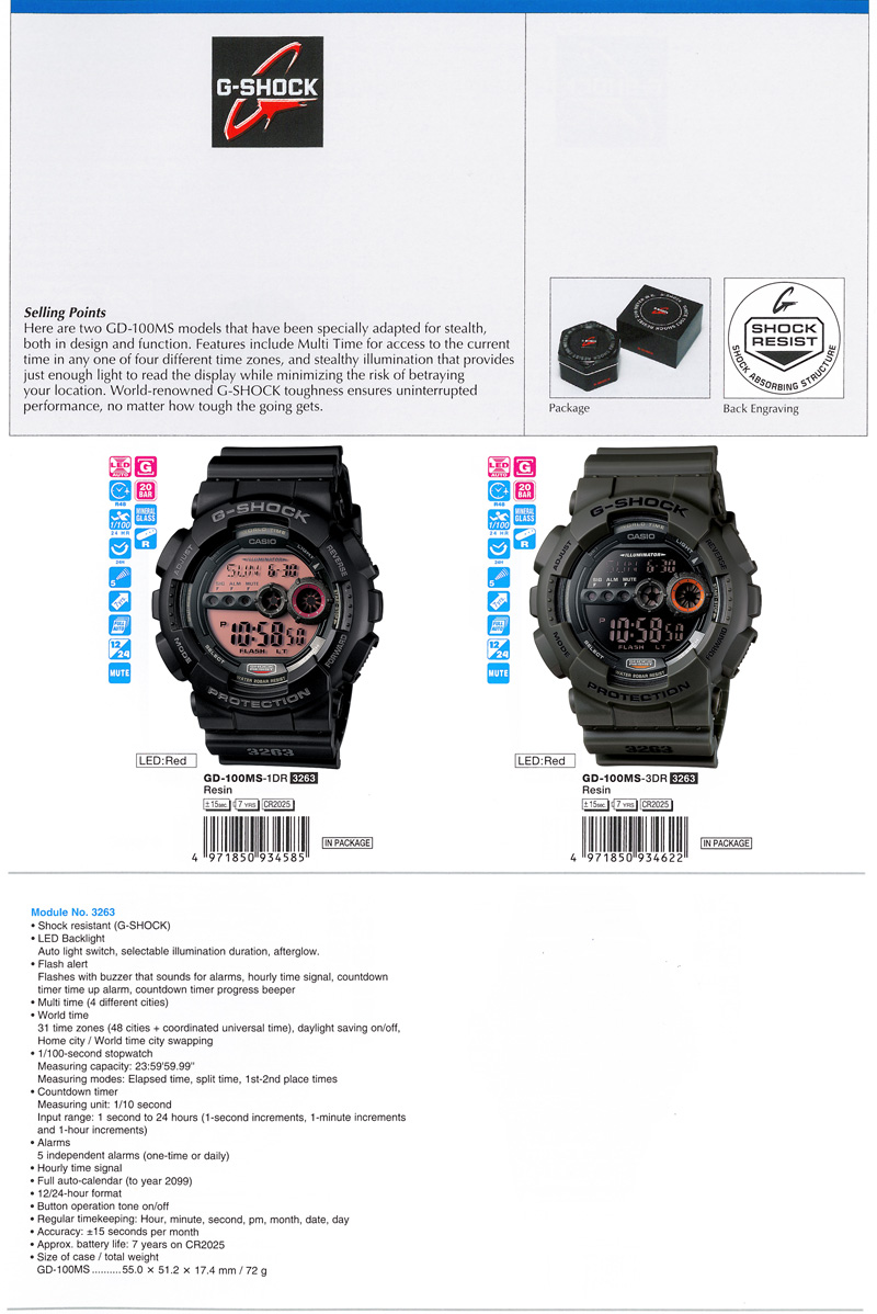 G-Shock, adapted for stealth, World-renowned G-SHOCK toughness, GD-100MS-1, GD-100MS-3