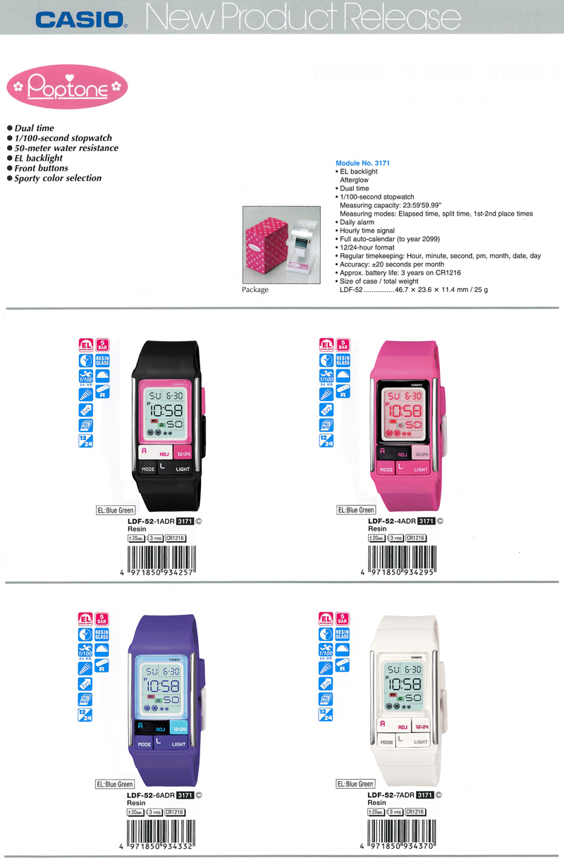 POPTONE, Dual time, stopwatch, water resistance, EL Backlight, Front buttons, sporty color selection, LDF-52-1A, LDF-52-4A, LDF-52-6A, LDF-52-7A