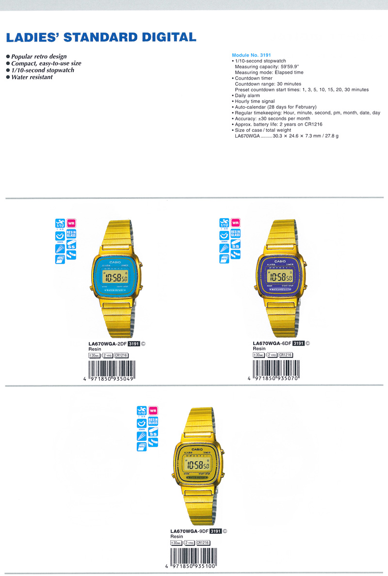 LADIES' Standard Digital, retro design, compact, easy-to-use, stopwatch, water resistant, LA670WGA-2, LA670WGA-6, LA670WGA-9
