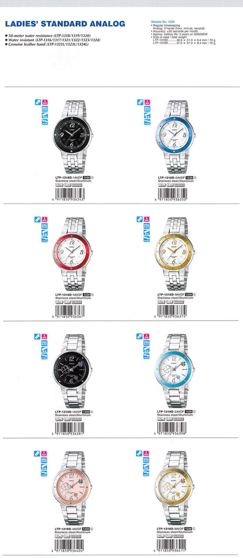 LADIES' STANDARD ANALOG, water resistant, LTP-1318D-1AV, LTP-1318D-2AV, LTP-1318D-4AV, LTP-1318D-9AV, LTP-1319D-1AV, LTP-1319D-2AV, LTP-1319D-4AV, LTP-1319D-9AV