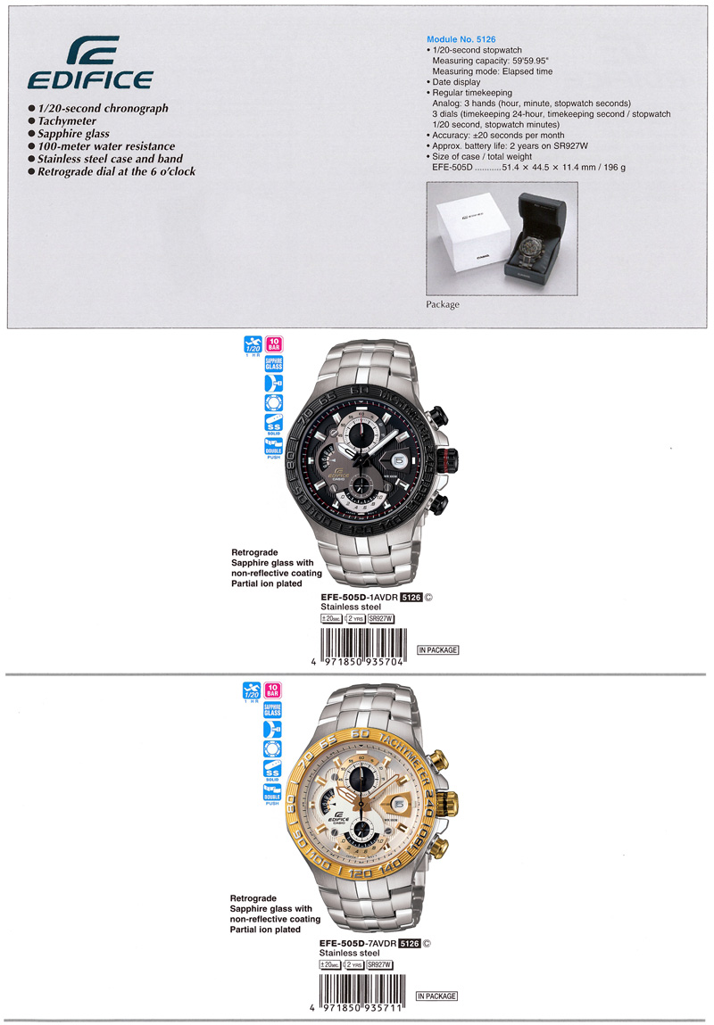 Edifice, Chronograph, Tachymeter, Sapphire glass, Retrograde dial, EFE-505D-1AV, EFE-505D-7AV