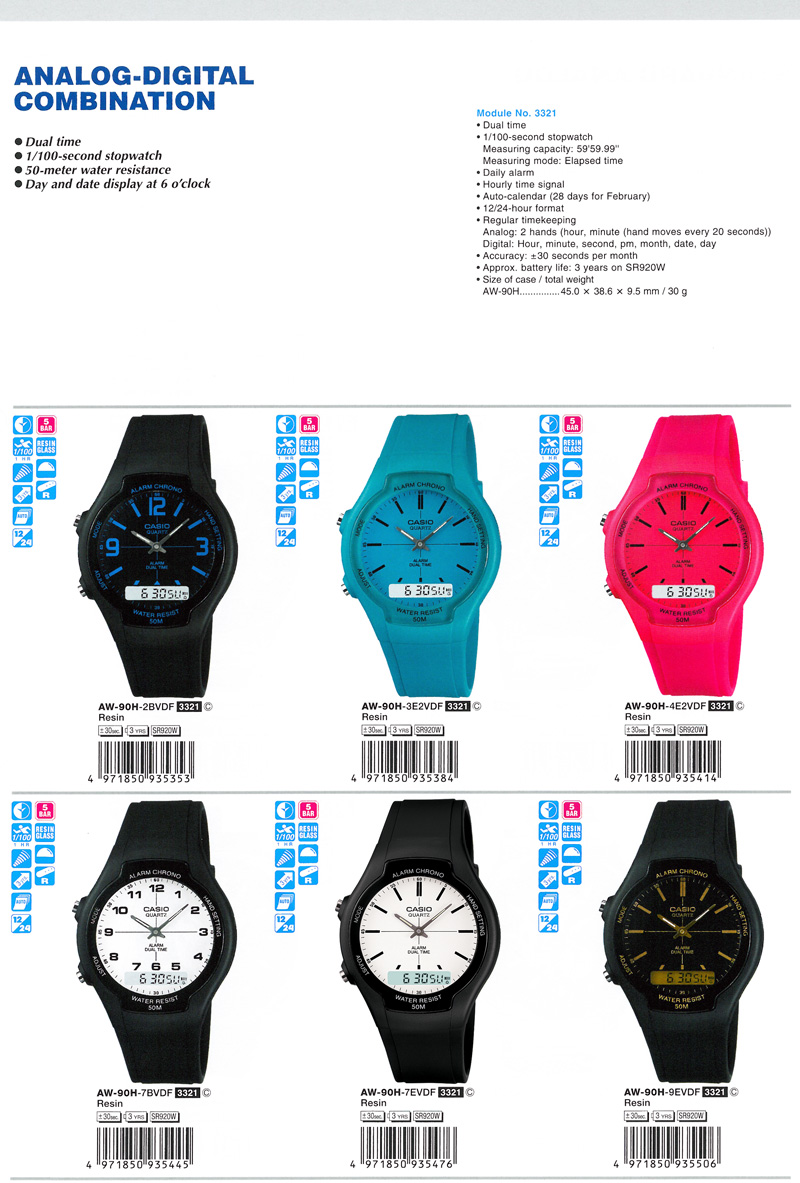 Watch, ANALOG-DIGITAL COMBINATION, Dual time, 100-second stopwatch, 50-meter water resistance, Day and date display at 6 o'clock, AW-90H-2BV, AW-90H-3E2V, AW-90H-4E2V, AW-90H-7BV, AW-90H-7EV, AW-90H-9EV