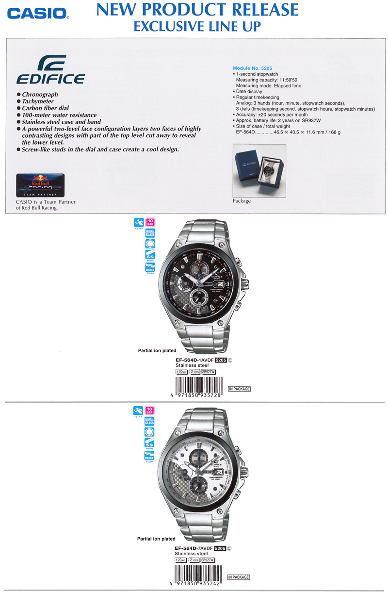Edifice, Chronograph, Tachymeter, carbon fiber dial, 100-meter water resistance, stainless steel case and band, Screw-like, partial ion-plated, EF-564D-1AV, EF-564D-7AV