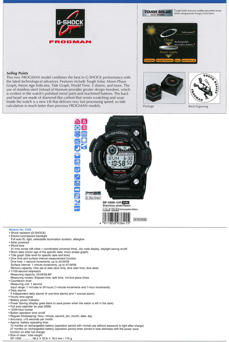 G-Shock, Frogman, Tough solar, Moon Phase Graph, Moon Age Indicator, Tide Graph, GF-1000-1