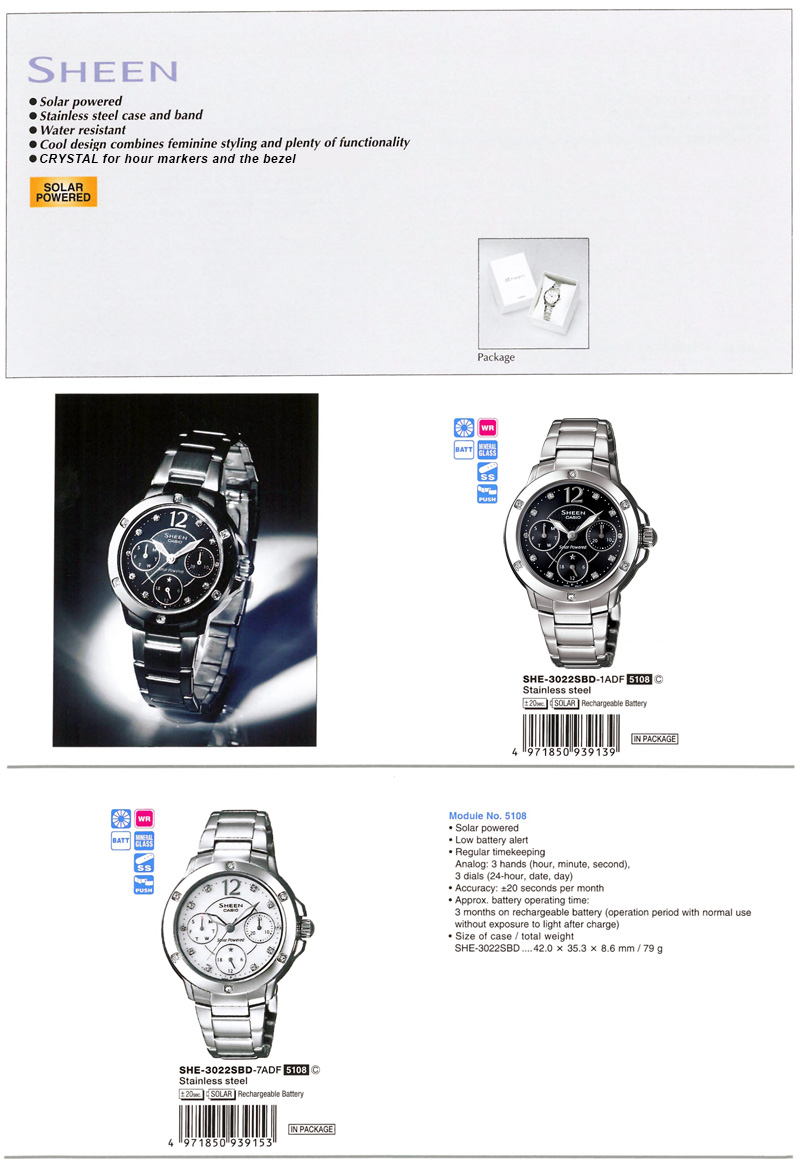 Sheen, Solar powered, Stainless steel case and band, water resistant, Cool design, SWAROVSKI ELEMENTS, SHE-3022SBD-1A, SHE-3022SBD-7A