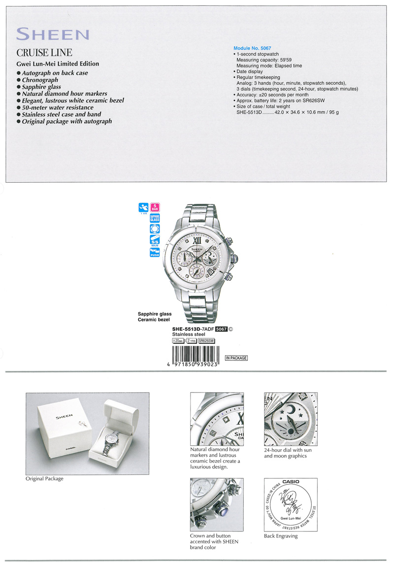 Sheen, Cruise Line, Gwei Lun-Mei Limited Edition, SHE-5513D-7A, Autograph on back case, Chronograph, Sapphire glass, Natural diamond hour markers, Elegant, Iustrous white ceramic bezel, 50-meter water resistance, Stainless steel case and band, Orignial package with autograph
