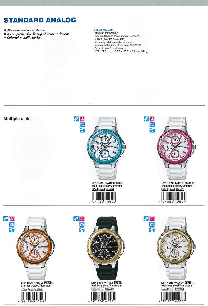 Standard Analog, 50-meter water resistance, A comprehensive lineup of color variations, Colourful metallic designs, LTP-1326-2AV, LTP-1326-4A1V, LTP1326-4A2V, LTP-1326-9A1V, LTP-1326-9A2V