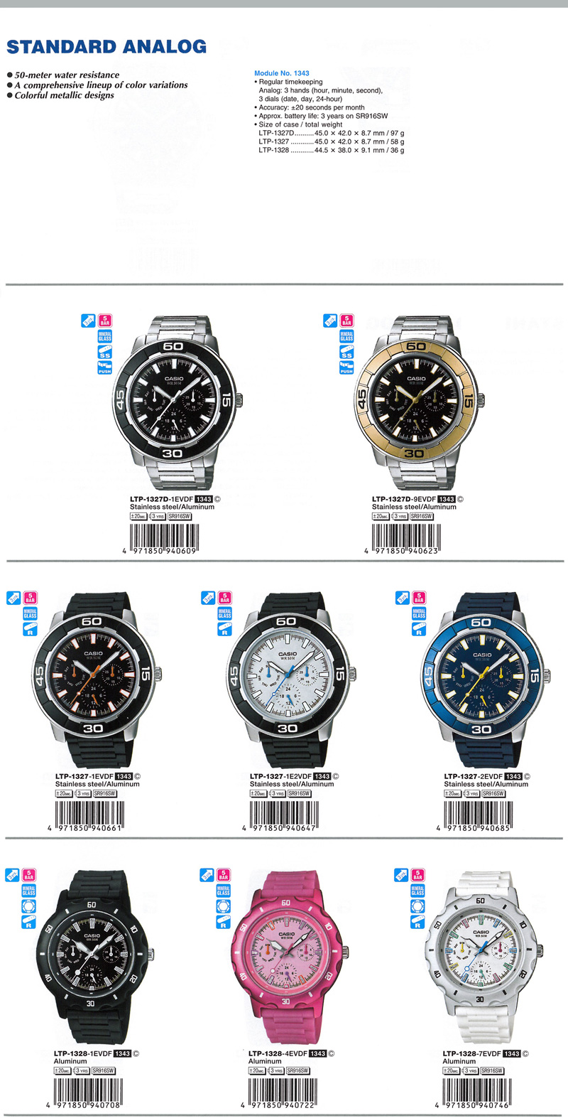 Standard Analog, 50-meter water resistance, A comprehensive lineup of color variations, Colourful metallic designs, LTP-1327D-1EV, LTP-1327D-9EV, LTP-1327-1EV, LTP-1327-1E2V, LTP-1327-2EV, LTP-1328-1EV, LTP-1328-4EV, LTP-1328-7EV