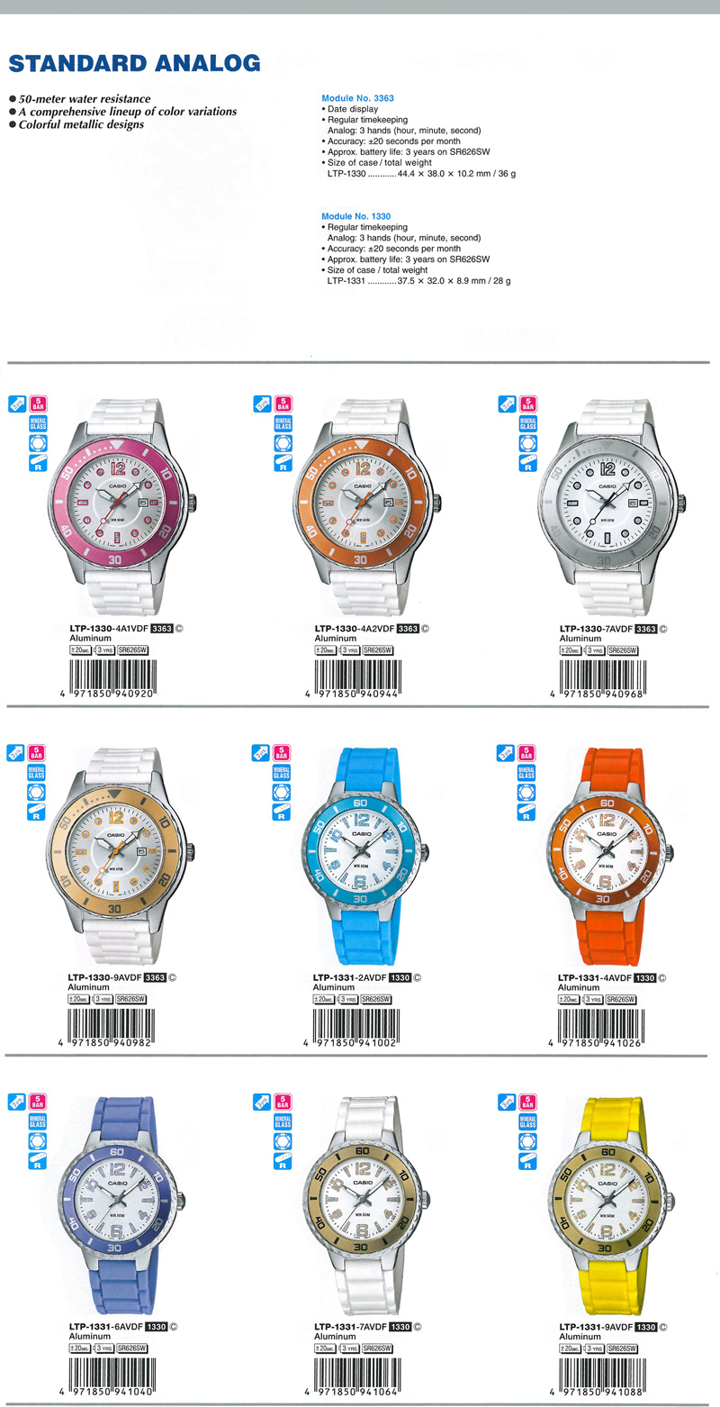 Standard Analog, 50-meter water resistance, A comprehensive lineup of color variations, Colourful metallic designs, LTP-1330-4A1V, LTP-1330-4A2V, LTP-1330-7AV, LTP-1330-9AV, LTP-1331-2AV, LTP-1331-4AV, LTP-1331-6AV, LTP-1331-7AV, LTP-1331-9AV