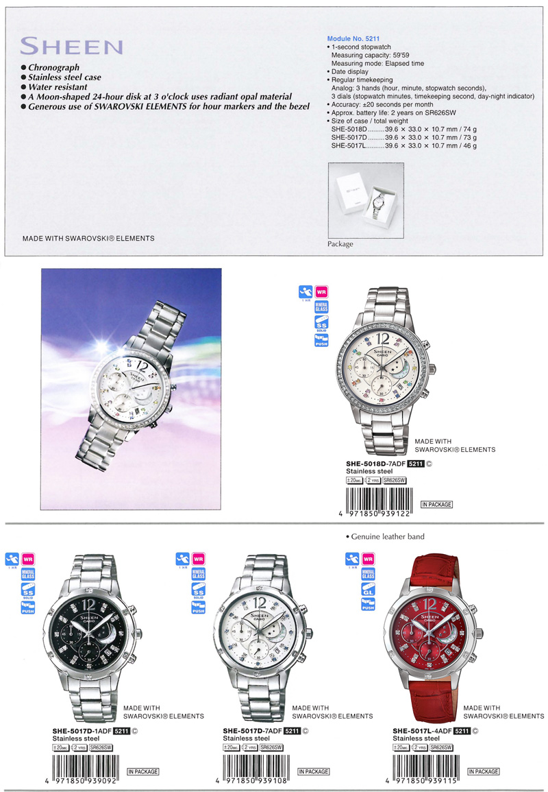 Sheen, Chronograph, stainless steel case, Water resistant, Moon-shaped, SWAROVASKI ELEMENTS, SHE-5018D-7A, SHE-5017D-1A, SHE-5017D-7A, SHE-5017L-4A