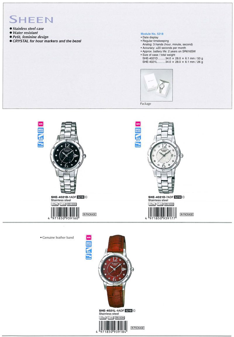 Sheen, stainless steel case, water resistant, petit, feminine design, SWAROVSKI ELEMENTS, SHE-4021D-1A, SHE-4021D-7A, SHE-4021L-4A