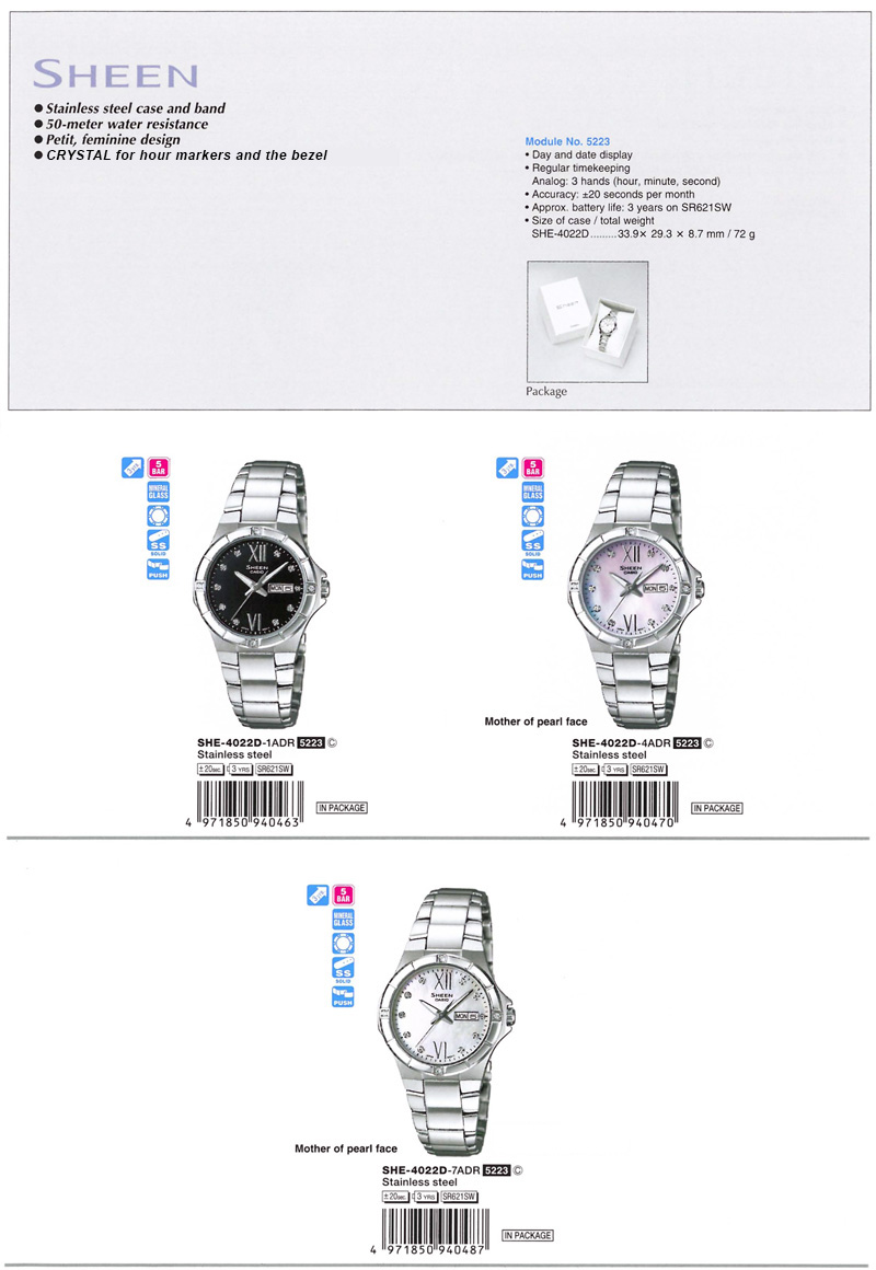 Sheen, stainless steel case, water resistant, petit, feminine design, SWAROVSKI ELEMENTS, SHE-4022D-1A, SHE-4022D-4A, SHE-4022D-7A