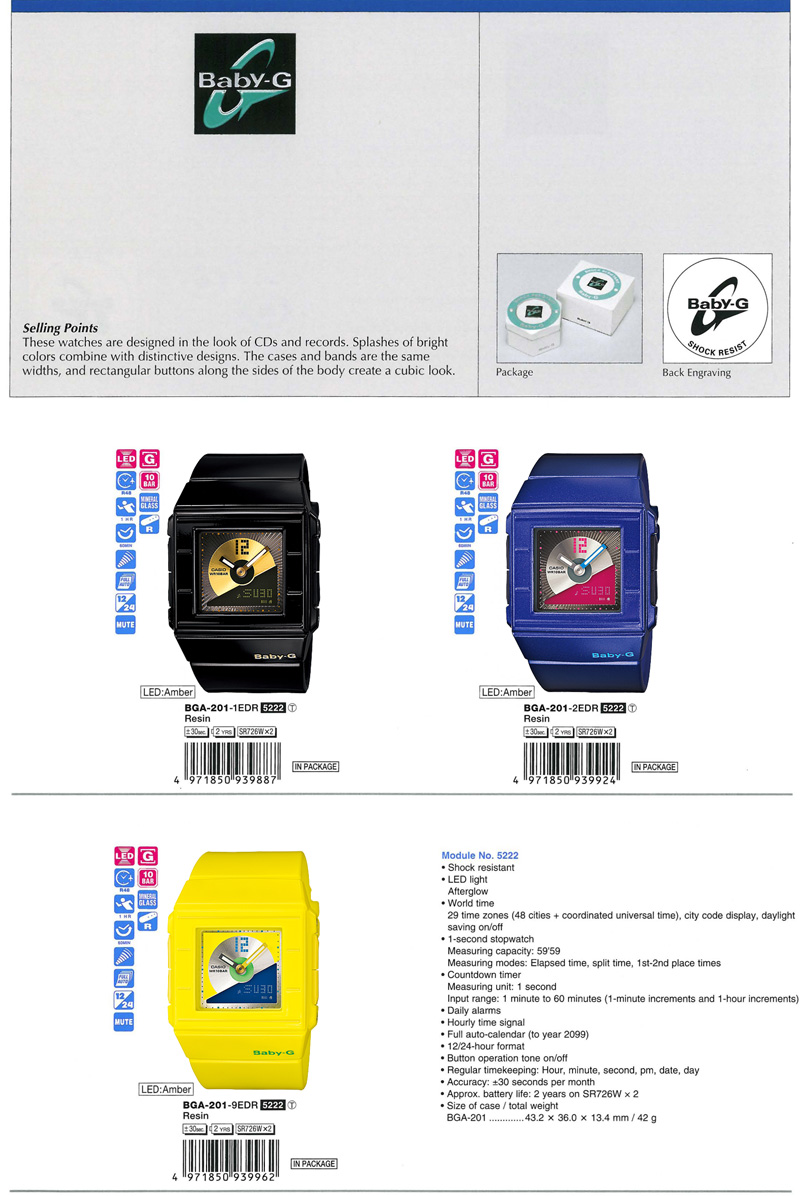 Watch, Baby-G, CASKET, look of CDs and records, Splashes, cubic look, BGA-201-1E, BGA-201-2E, BGA-201-9E