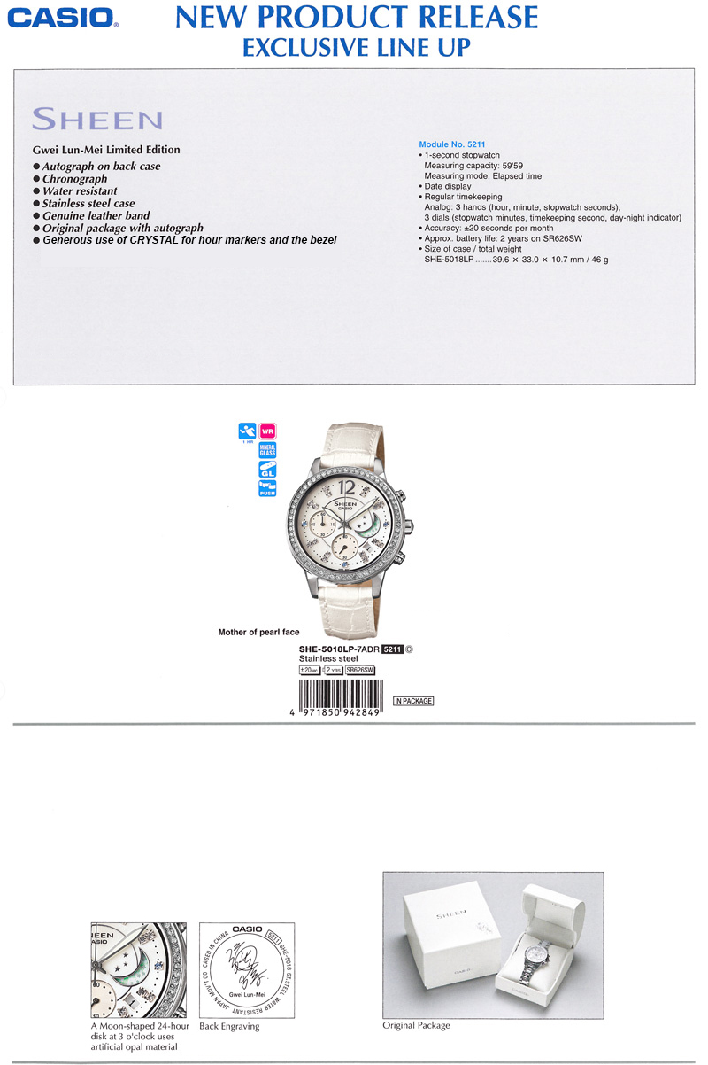 Sheen, GWEI LUN-MEI LIMITED EDITION, Autograph on back case, Chronograph, Waater resistant, Stainless steel case, Genuine leather band, SWAROVSKI ELEMENTS for hour makrs and the bezel, SHE-5018LP-7A