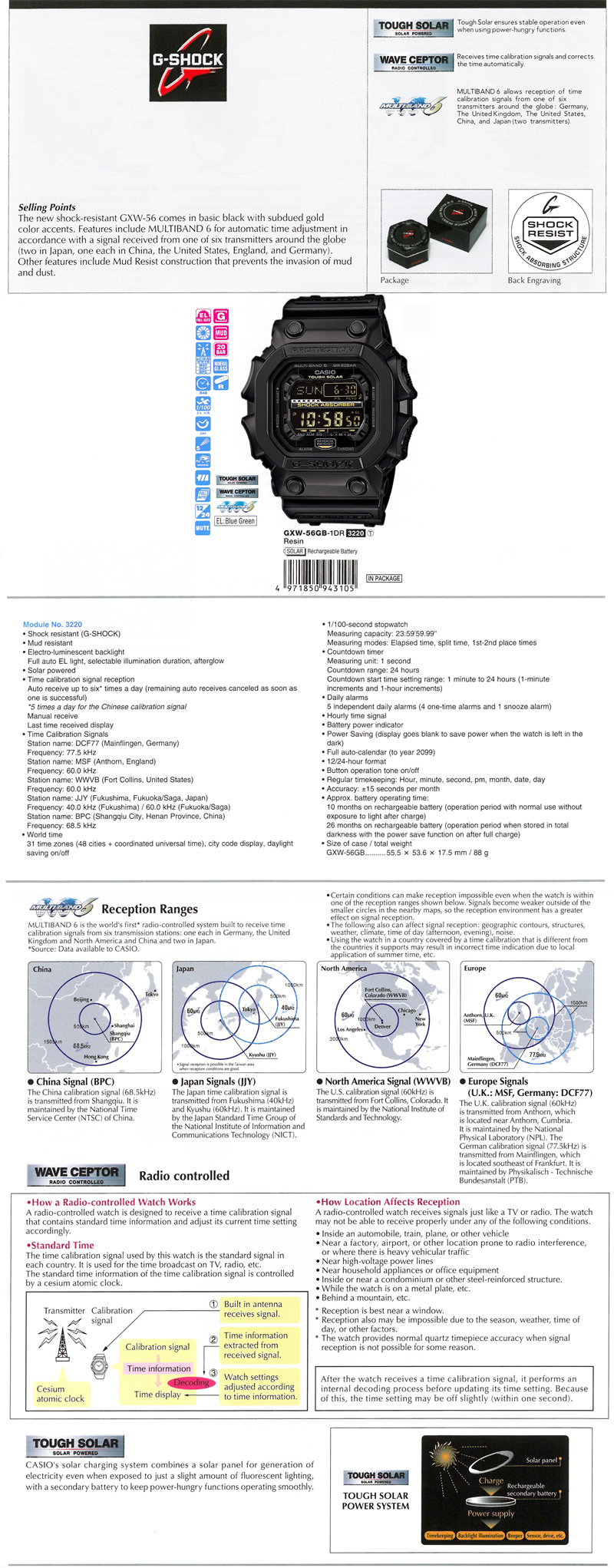 G-SHOCK, Tough Solar, Wave Ceptor, Multiband6, GXW-56GB-1
