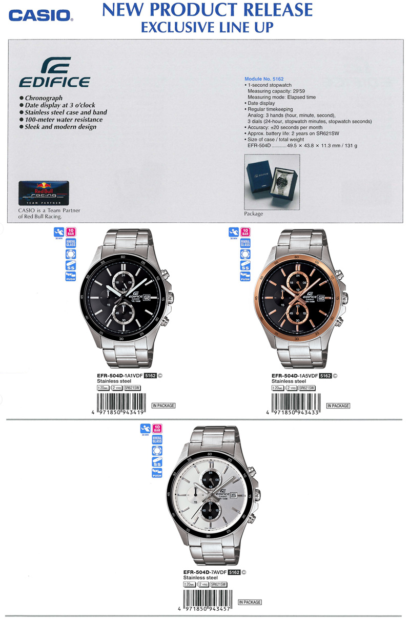 Edifice, Red Bull, Chronograph, date display, water resistance, sleek and modern design, EFR-504D-1A1V, EFR-504D-1A-5V, EFR-504D-7AV