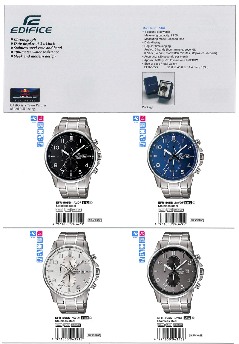 Edifice, Red Bull, Chronograph, date display, water resistance, sleek and modern design, EFR-505D-1AV, EFR-505D-2AV, EFR-505D-7AV, EFR-505D-8AV