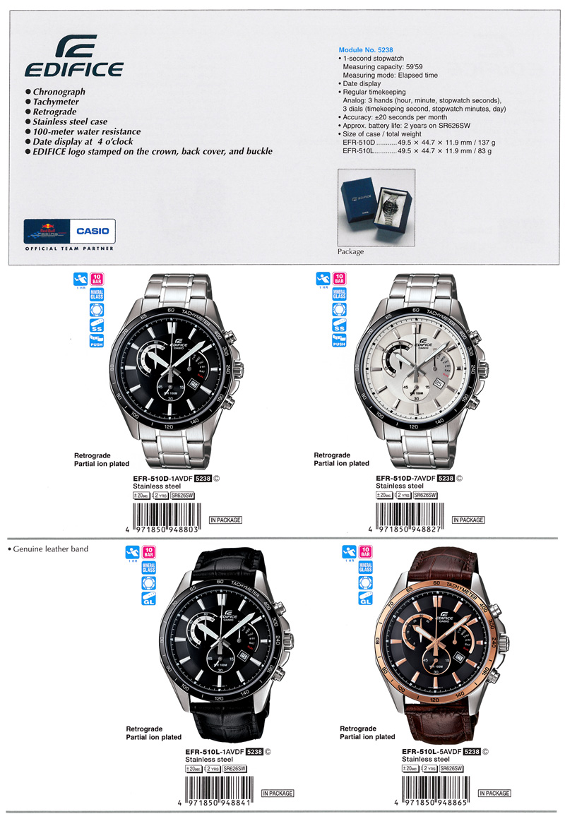 Edifice, Retrograde, partial ion plated, stainless steel case, 100-meter water resistance, EFR-510D-1AV, EFR-510D-7AV, EFR-510L-1AV, EFR-510L-5AV