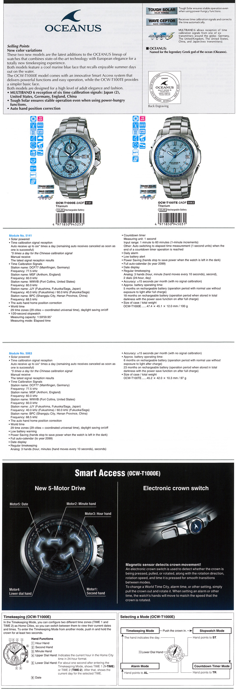 Oceanus, MULTIBAND 6, Tough Solar, Auto hand position correction, OCW-T1000E-2A, OCW-T100TE-2A