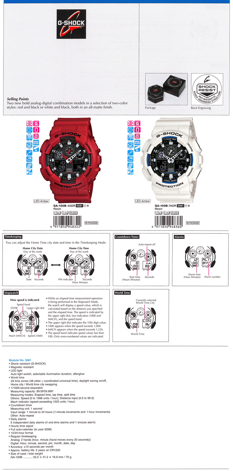 G-SHOCK, analog-digital combination, all-matte finish, JIS1, GA-100B-4A, GA-100B-7A