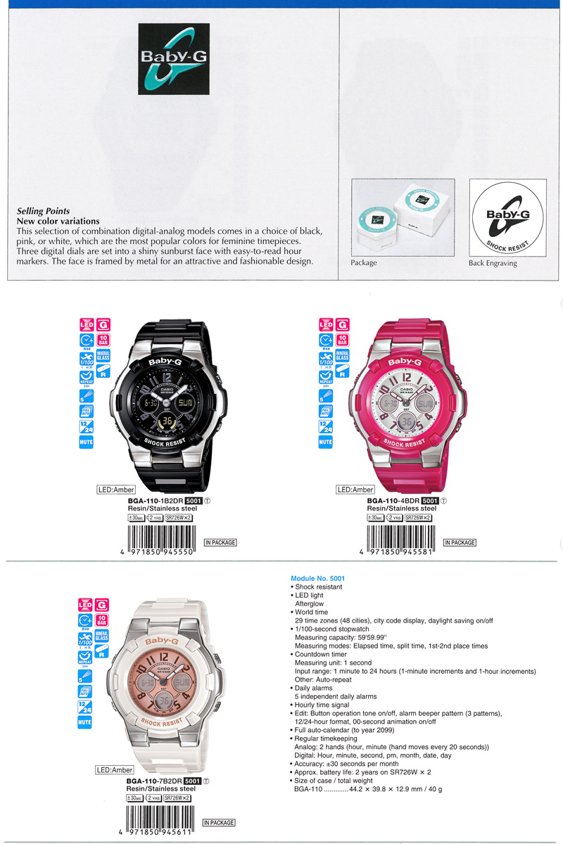 Baby-G, color variatins, combination digital-analog, feminine timepieces, shiny sunburst face, easy-to-read, BGA-110-1B2, BGA-110-4B, BGA-110-7B2