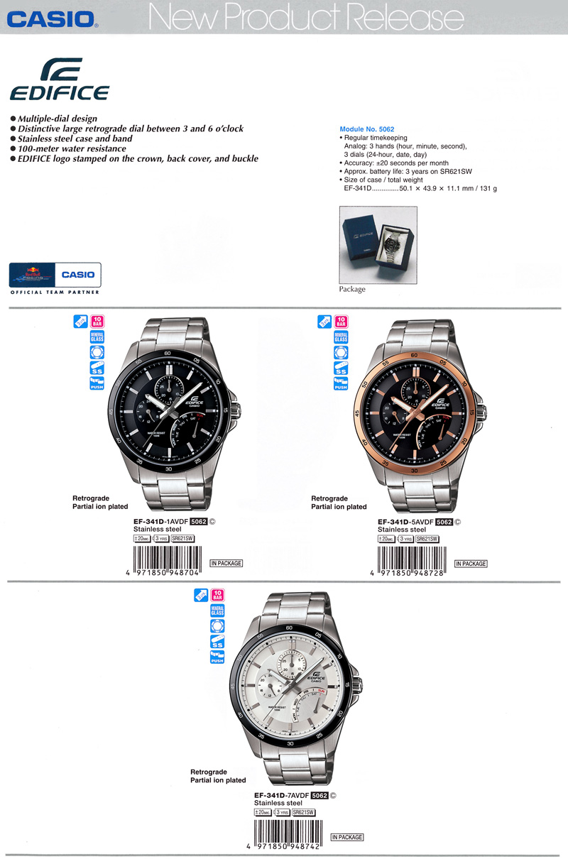 Edifice, multiple-dial design, retrograde, stainless steel case, 100-meter water resistance, buckle, EF-341D-1AV, EF-341D-5AV, EF-341D-7AV