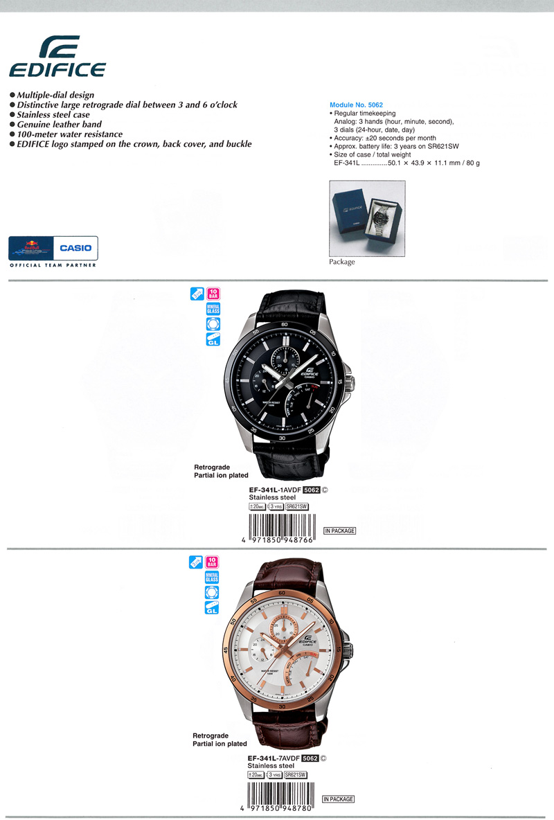 Edifice, multiple-dial design, retrograde, stainless steel case, 100-meter water resistance, buckle, Genuine leather band, EF-341L-1AV, EF-341L-7AV