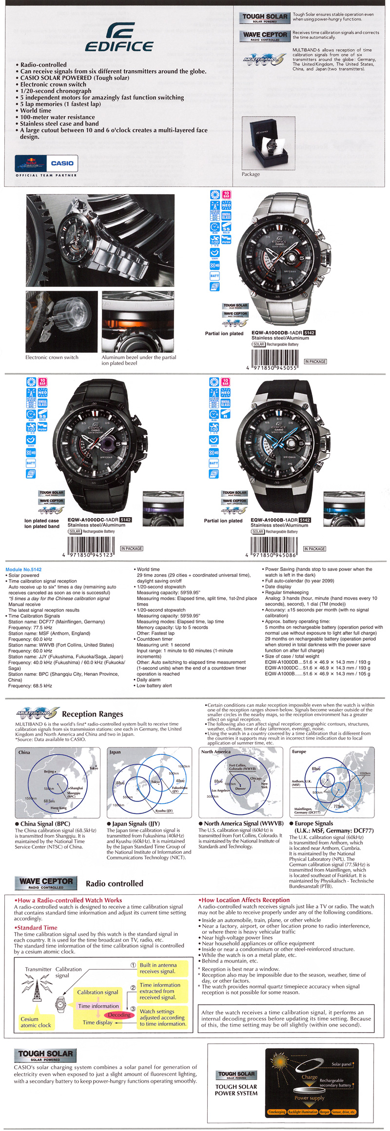 Edifice, Radio-controlled, Tough Solar, wave ceptor, Multiband6, 5 independent motors, 100-meter water resistance, Ion plated, EQW-A1000DB-1A, EQW-A1000DC-1A, EQW-A1000B-1A