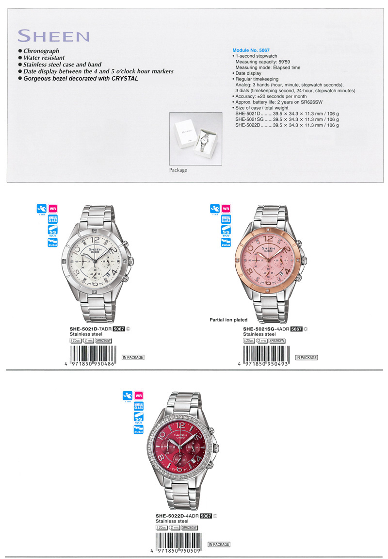 Sheen, CHRONOGRAPH, Water resistant, stainless steel, Gorgeous bezel, SWAROVSKI ELEMENTS, SHE-5021D-7A, SHE-5021SG-4A, SHE-5022D-4A