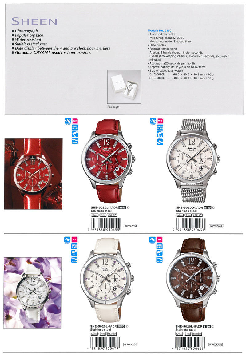 Sheen, Chronograph, big face, water resistant, stainless steel, Gorgeous bezel, SWAROVSKI ELEMENTS, SHE-5020L-4A, SHE-5020D-7A, SHE-5020L-7A, SHE-5020L-5A