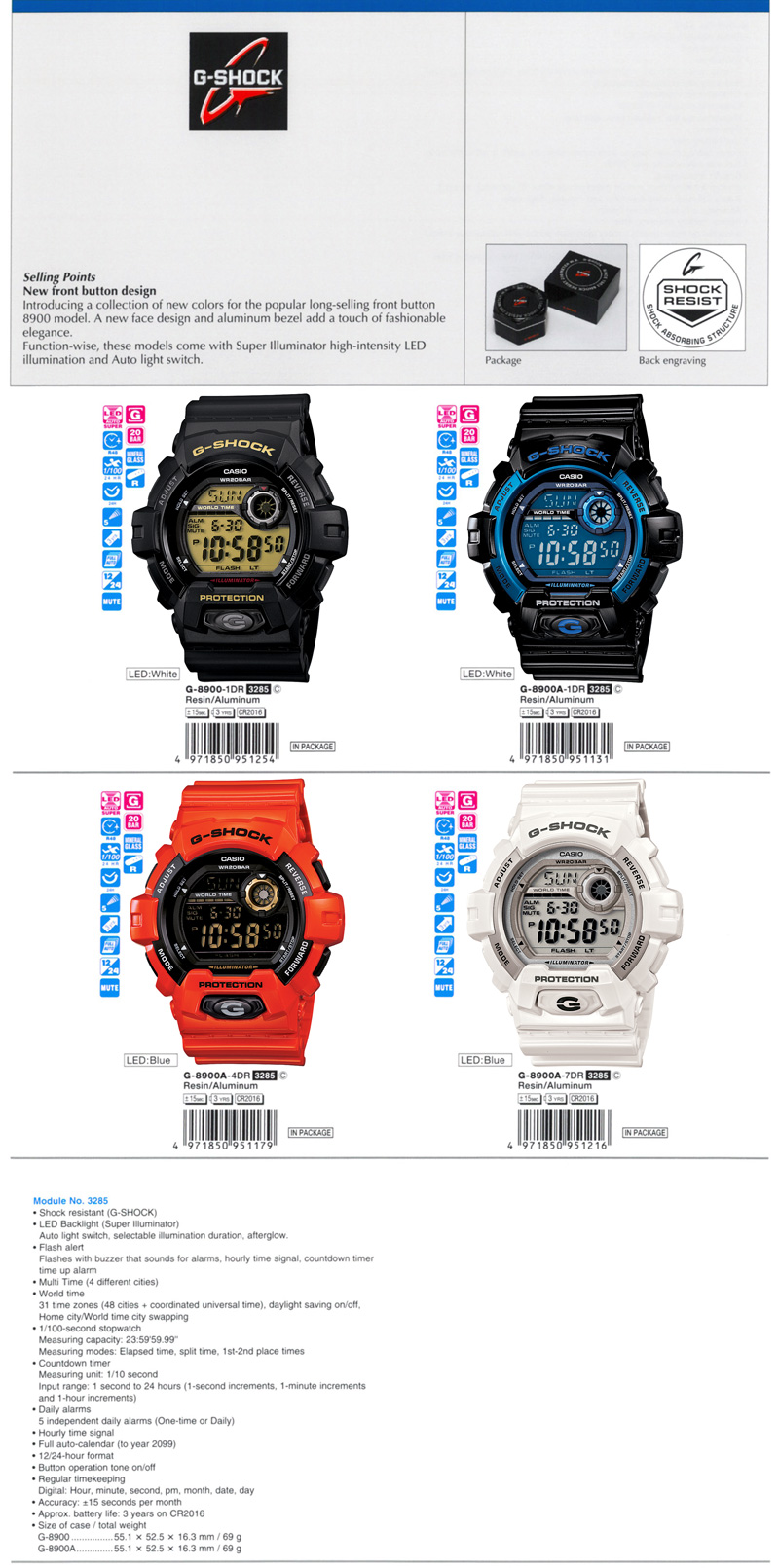 G-Shock, front button, function-wise, super illuminator, high-intensity LED, G-8900-1, G-8900A-1, G-8900A-4, G-8900A-7