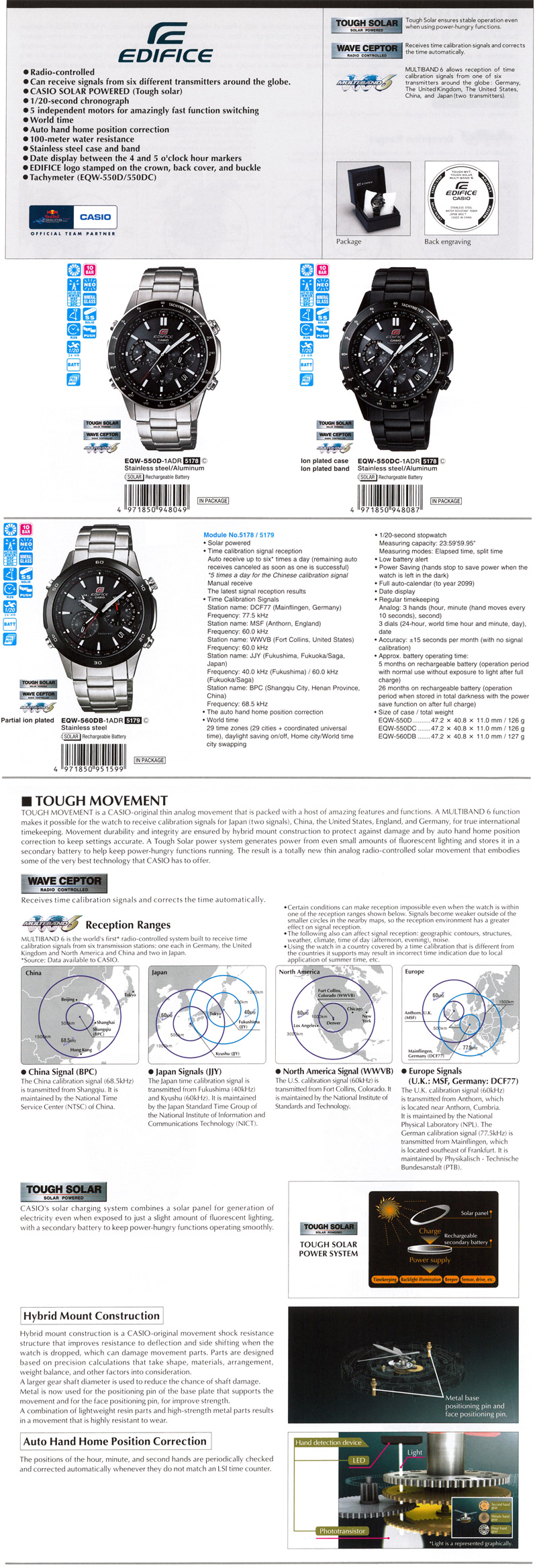 Edifice, Wave ceptor, Multiband6, Tough Solar, Radio-controlled, SOLAR POWERED, 5 motors, Tachymeter, EQW-550D-1A, EQW-550DC-1A, EQW-560DB-1A