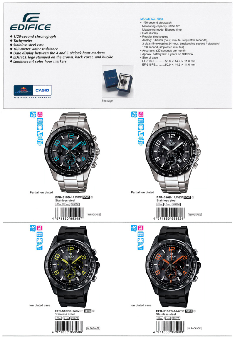 Edifice, chronograph, tachymeter, stainless steel case, 100-meter water resistance, date display, luminescent color hour markers, EFR-516D-1A2V, EFR-516D-1A7V, EFR-516PB-1A3V, EFR-516PB-1A4V